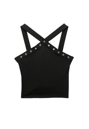 Top corto nero senza maniche con spalline incrociate e dettagli in occhielli argentati lungo il bordo superiore.
