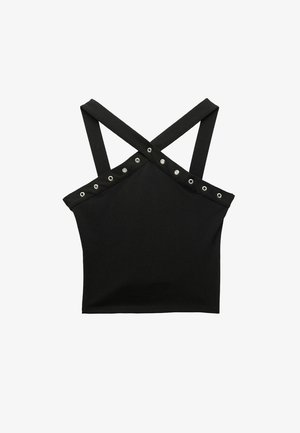 Top corto nero senza maniche con spalline incrociate e dettagli in occhielli argentati lungo il bordo superiore.