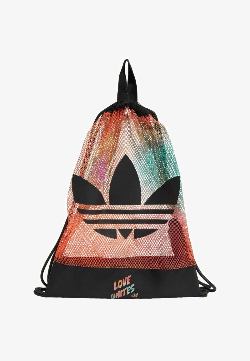 Drawstring mesh backpack with large black Adidas logo, rainbow gradient colors, and "LOVE UNITES" text on black bottom panel.