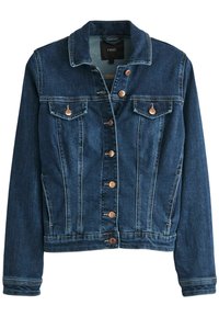 Chaqueta de mezclilla azul oscuro con cuello tipo solapa, dos bolsillos en el pecho y botones dorados en el frente y en los puños. Diseño de corte clásico.