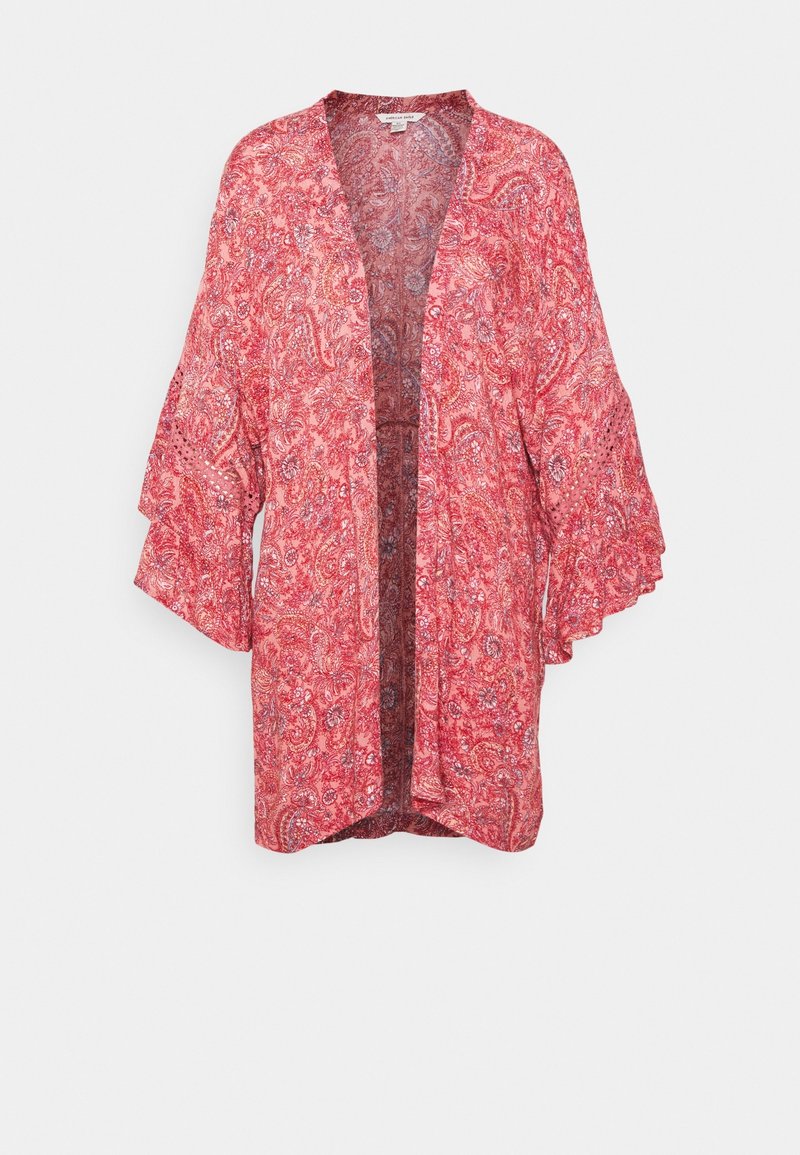 Kimono rouge à motifs cachemire, ouvert sur le devant, avec de larges manches au niveau du coude et une coupe décontractée.