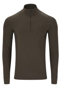 Bruine lange mouw shirt met een kwart-rits kraag, gemaakt van een zachte stof. Bevat platte naden en een accentlogo op de schouder.