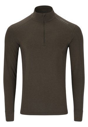 Bruine lange mouw shirt met een kwart-rits kraag, gemaakt van een zachte stof. Bevat platte naden en een accentlogo op de schouder.