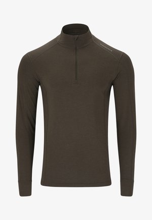 Brun langærmet skjorte med en kvart lynlås krave, lavet af et tekstureret stof. Har flade sømme og et accentlogo på skulderen.