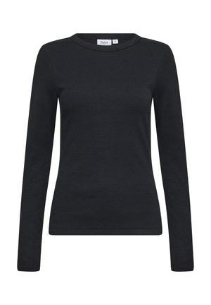 Svart långärmad topp i ribbat material med rundad halsringning och en figurnära passform. Tillverkad av stretchigt tyg för komfort. Lappen säger "Saint", storlek M.