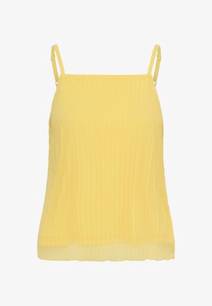 Lichtgele mouwloze top met dunne verstelbare bandjes en een subtiele verticale geplooide textuur.