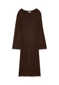 Brown ribbed knit dress with a V-neck, long sleeves, and front buttons running down the length. Soft texture with a fitted silhouette.