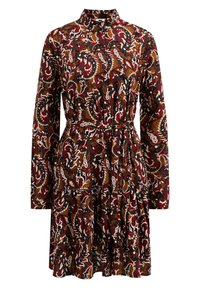 Abito a maniche lunghe con un motivo paisley multicolore, caratterizzato da un colletto a bottone, una cintura in vita e un orlo arricciato. Realizzato in tessuto leggero.