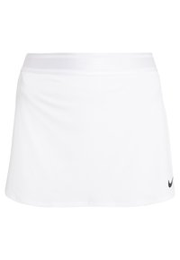 Falda de tenis blanca con tela suave, cintura ancha elástica y un pequeño logo negro en el lado inferior derecho.