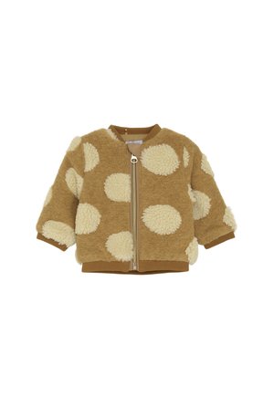 Braune und cremefarbene Fleece-Jacke für Kleinkinder mit großen Polka Dots, Frontreißverschluss und gerippten Bündchen und Saum.