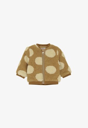 Braune und cremefarbene Fleece-Jacke für Kleinkinder mit großen Polka Dots, Frontreißverschluss und gerippten Bündchen und Saum.