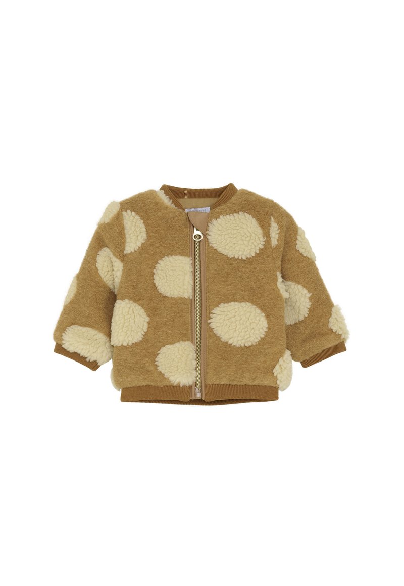 Braune und cremefarbene Fleece-Jacke für Kleinkinder mit großen Polka Dots, Frontreißverschluss und gerippten Bündchen und Saum.
