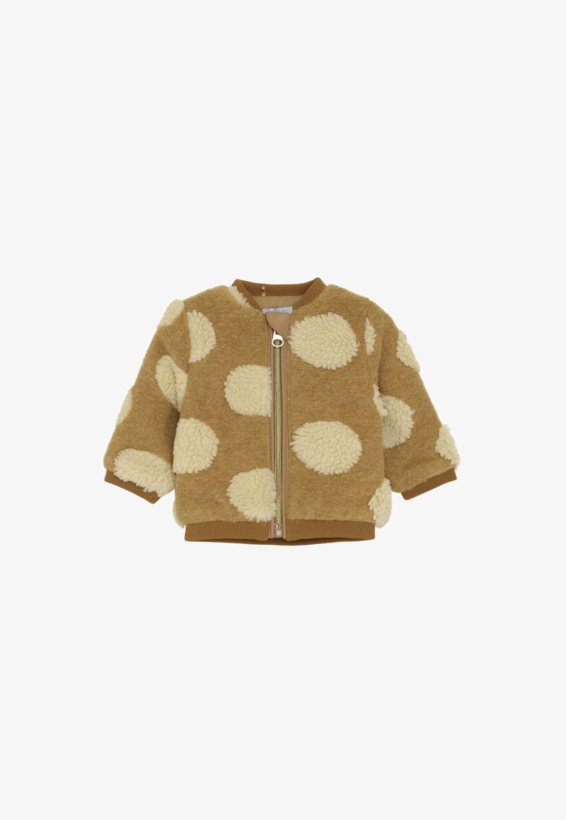 Giacca per bambini in pile marrone e crema con grandi pois, zip frontale e polsini e orlo a costine.