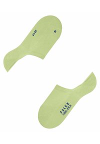 Chaussettes de sport vert clair avec un design court, présentant du texte bleu et une surface texturée pour la respirabilité.
