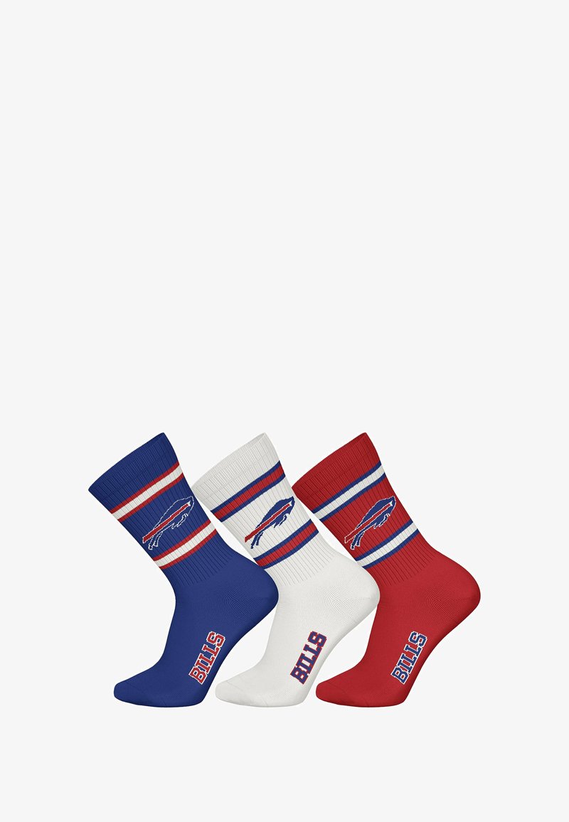 Three pairs of crew socks in blue, white, and red. Each features horizontal stripes and the word “BILLS" with a buffalo logo.