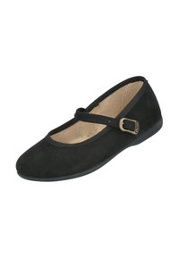 Bailarinas de ante negro con punta redondeada, tiras cruzadas delgadas y una pequeña hebilla decorativa. El interior tiene un forro beige.