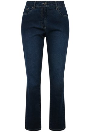 Jean en denim bleu foncé avec une coupe droite, cinq poches, des coutures contrastantes et un fermoir à boutons à l'avant. Texture lisse.