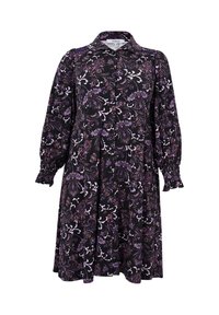 Schwarzes Langarmkleid mit lila und weißen floralen Paisleymuster, Knopfleiste, kragenförmigem Ausschnitt und gerafften Manschetten.