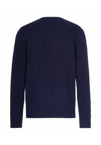 Pull en maille torsadée bleu marine avec des manches longues, des poignets et un ourlet côtelés, et un col rond. Le tissu semble doux et texturé.