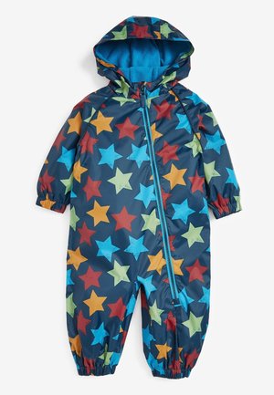 Combinaison une pièce à capuche pour enfants avec motif d'étoiles multicolores sur fond bleu foncé et fermeture éclair à l'avant.