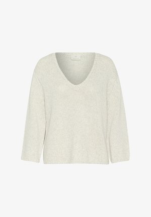 Lichtgrijze, losgebreide pullover met V-hals, driekwartmouwen en een zachte textuur, met een subtiel gemêleerd patroon.