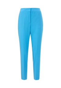 Heldere blauwe op maat gemaakte broeken met een gladde textuur, met een getailleerde taille, rechte pijpen en een voorste plooidetail.