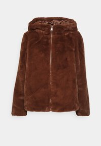 Veste à capuche en fausse fourrure marron pelucheuse avec fermeture éclair frontale, manches longues et intérieur doublé.
