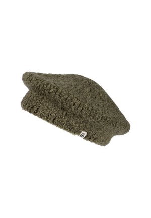 Olive green knitted wool beret with a textured pattern and a small white tag on the brim, isolated on white background.