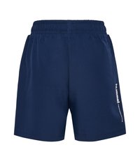 Marinblå idrottsshorts med elastiskt midjeband, tillverkade av slätt tyg, med en vit logotyp på nedre vänstra sidan.