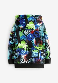 Sweat à capuche présentant un motif de graffiti multicolore avec des accents bleus, verts, rouges et noirs ; fabriqué en tissu doux avec des poignets côtelés.