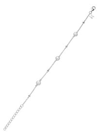 Silver bracelet featuring a delicate chain adorned with three round white pearls and small silver beads, finished with a lobster clasp.
