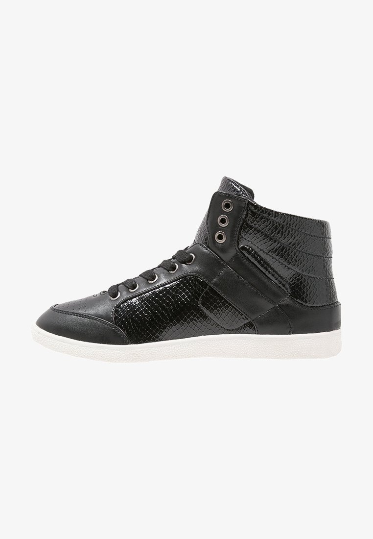 Black high-top sneakers with textured patent leather and smooth accents. Features white rubber sole and metal eyelets. Side panel design detail.