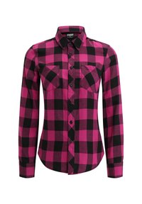 Långärmad flanellskjorta med svart och rosa rutigt mönster, knappstängning fram och två bröstfickor. Bomullstyg med mjuk textur.