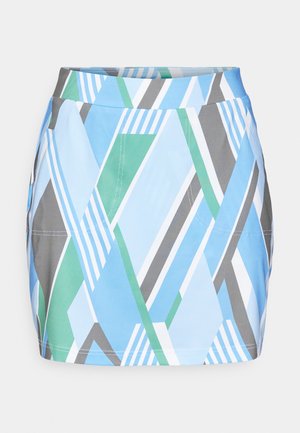 Short, colorful skirt with geometric patterns in blue, green, and gray. Features a fitted waist and straight cut design.