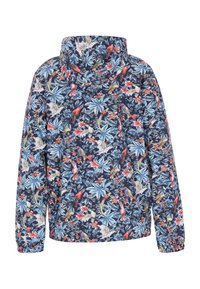 Veste à imprimé floral avec un fond bleu marine, ornée d'oiseaux colorés et de feuilles tropicales, design à capuche et poignets élastiques.