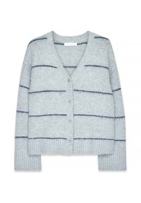 Hellgrauer Cardigan mit marineblauen horizontalen Streifen, V-Ausschnitt, Knopfverschluss und gerippten Bündchen, aus weichem, strukturiertem Material.