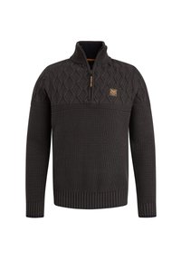 Pull en maille gris foncé avec col à fermeture éclair d'un quart, motif en losanges texturé sur la partie supérieure, poignets et ourlet côtelés. Comprend un écusson logo.