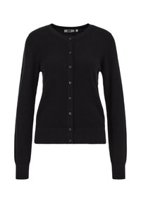 Crni pleteni kardigan s dugim rukavima, okruglim izrezom i prednjim zatvaračem na gumbe. Ima teksturirani uzorak te rebrasti rub i manžete.