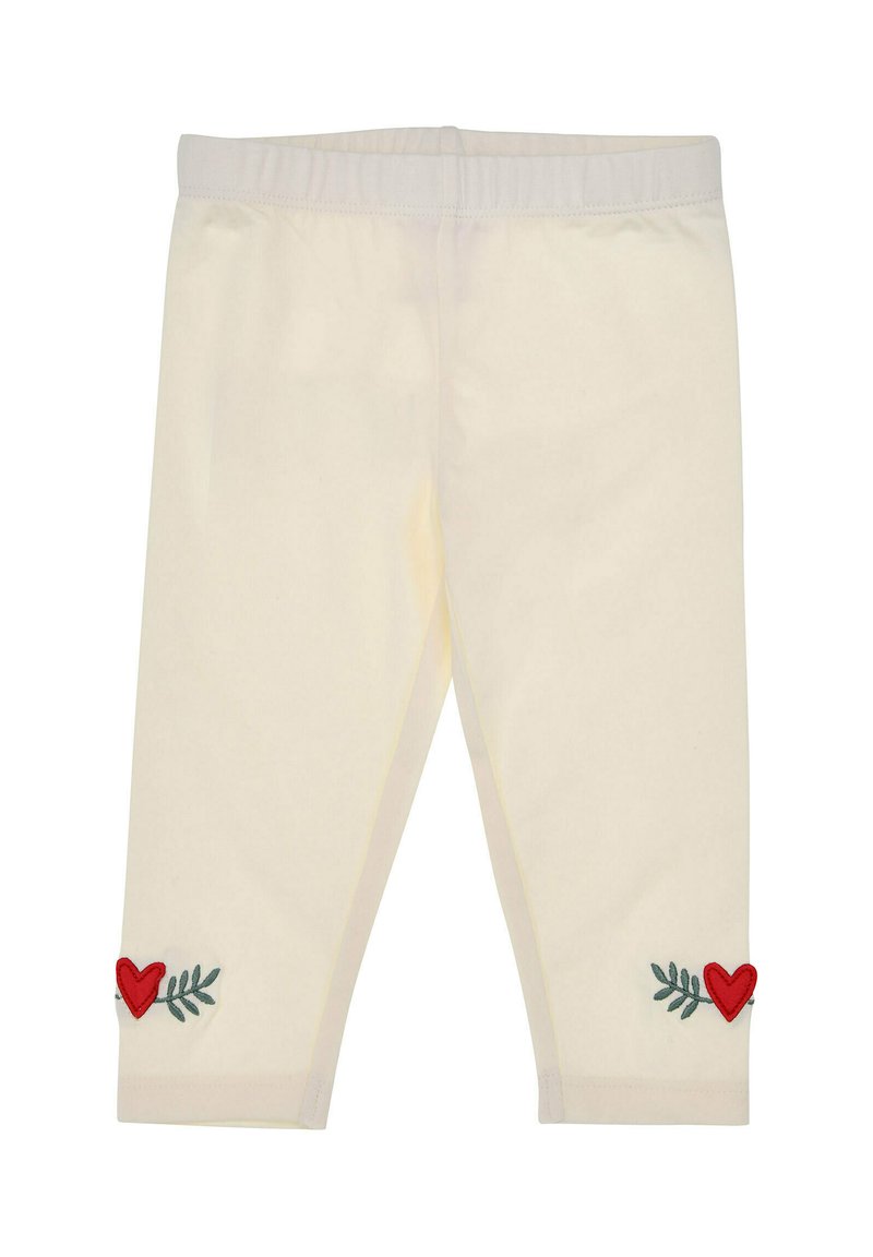 Cremefarbene Leggings mit roter Herz- und grüner Blatteinstickung nahe den Säumen, mit elastischem Bund für zusätzlichen Komfort.