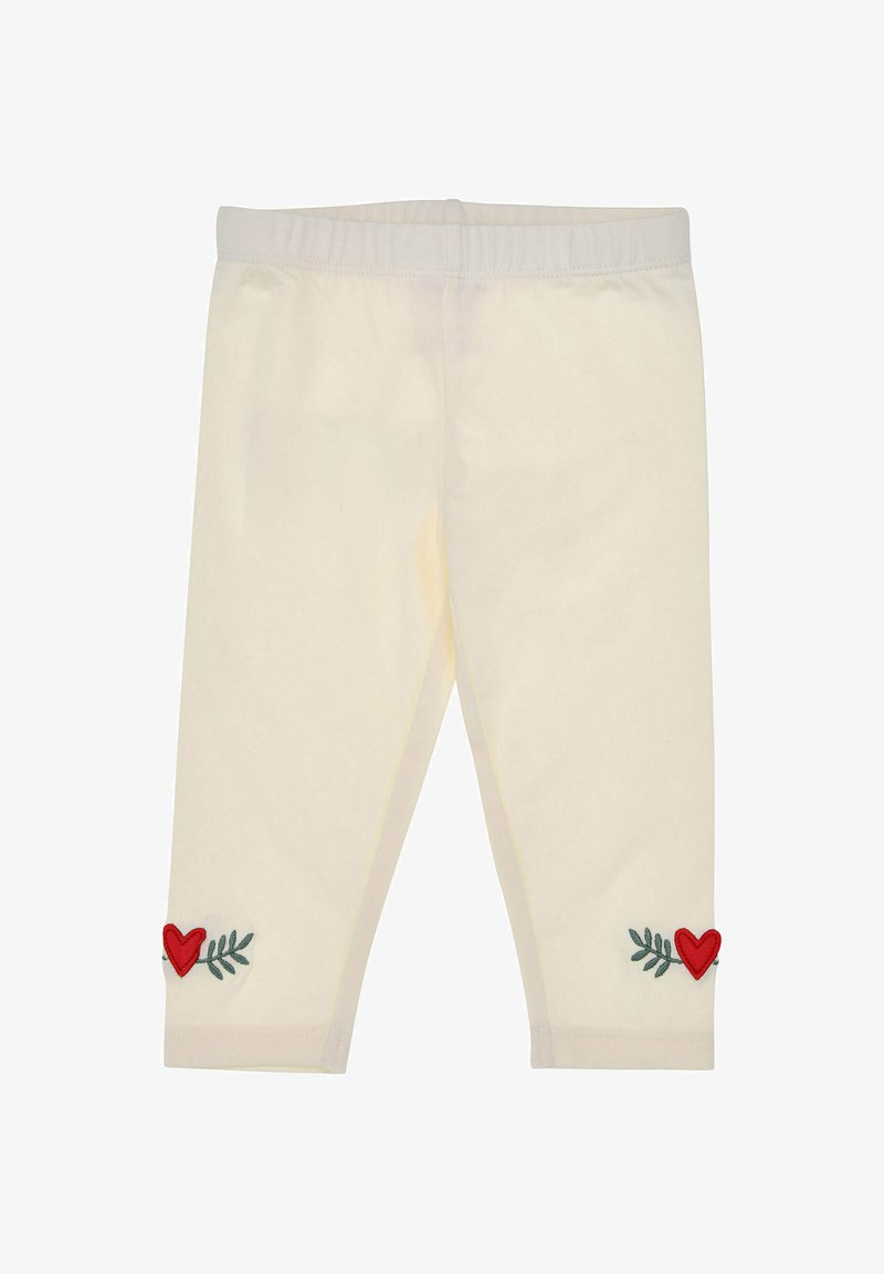 Cremefarbene Leggings mit roter Herz- und grüner Blatteinstickung nahe den Säumen, mit elastischem Bund für zusätzlichen Komfort.