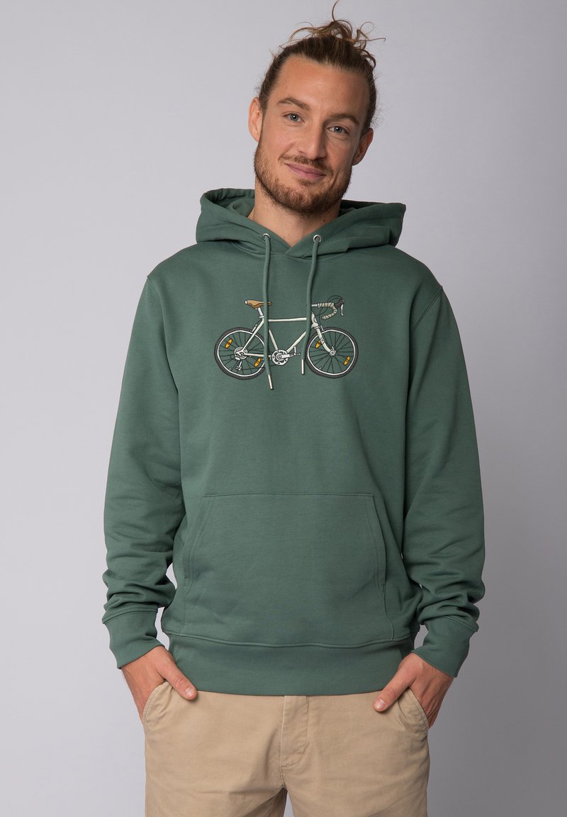 Grüne Baumwollkapuzenjacke mit einem Fahrradgrafik in Weiß und braunen Akzenten, Kängurutasche, Kapuze mit Kordelzug und gerippten Bündchen.
