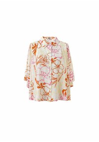 Bloemenoverhemd met korte mouwen in off-white, versierd met grote roze en oranje hibiscuspatronen, gemaakt van lichtgewicht stof.