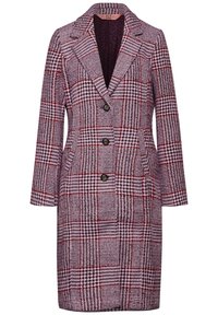 Gekruist wollen jas met een geknipte kraag, lange mouwen en drie knopen aan de voorkant. Kleuren zijn paars, wit en rode patronen.