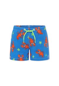 Pantaloni da bagno blu con un motivo di aragoste e stelle marine in arancione e verde. Include un cordoncino verde e una vestibilità comoda.