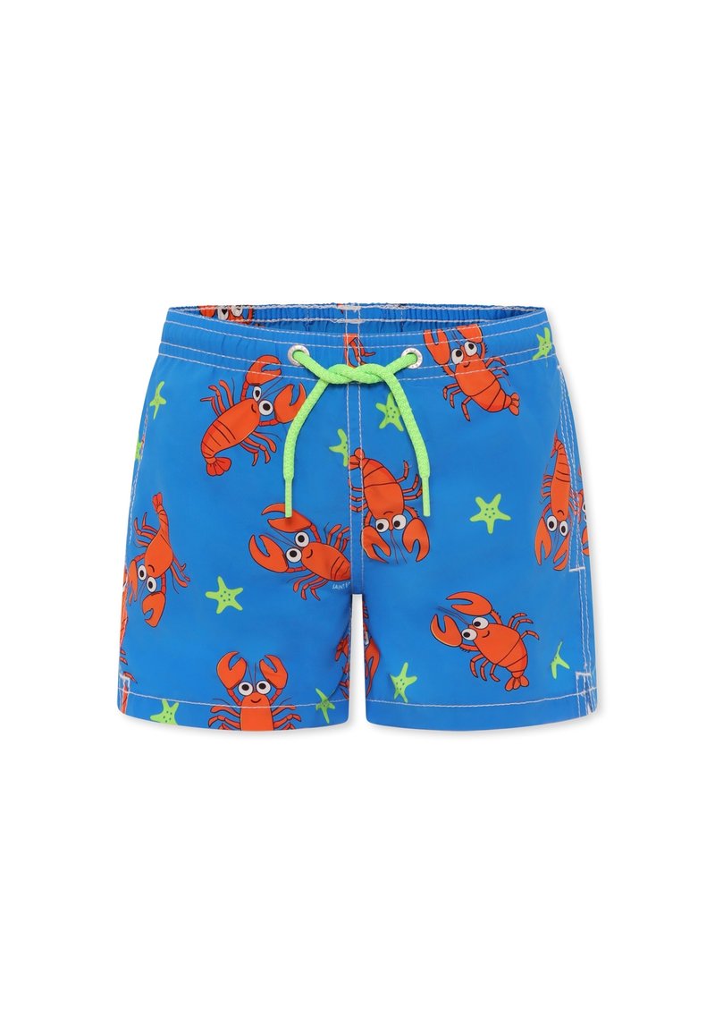 Pantaloni da bagno blu con un motivo di aragoste e stelle marine in arancione e verde. Include un cordoncino verde e una vestibilità comoda.