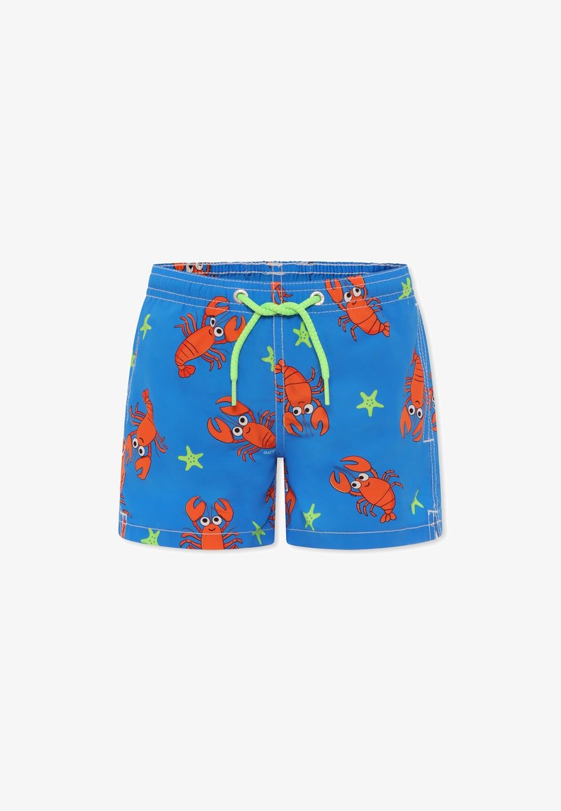 Shorts de bain bleus avec un motif de homard et d'étoile de mer en orange et vert. Comprend un cordon de serrage vert et une coupe confortable.