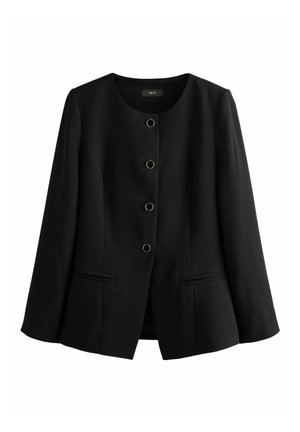 Black long-sleeve blazer with round neckline, four decorative button closures, and two front slit pockets, labeled "Next" inside collar.