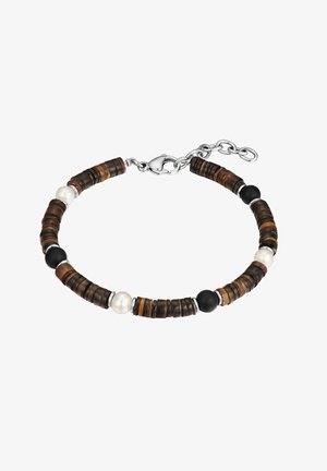 Pulsera de cuentas con discos en tonos marrones y negros, intercalados con perlas y acentos plateados. Incluye un cierre y una cadena ajustable.