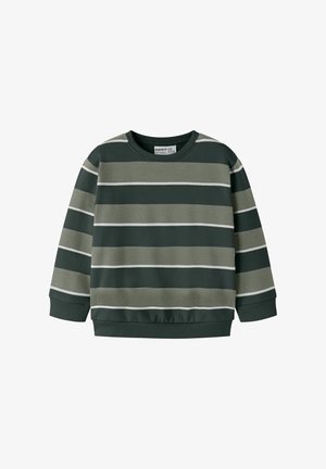Sweatshirt met lange mouwen en een ronde hals, met donker- en olijfgroene horizontale strepen en geribbelde boorden aan de mouwen en zoom.