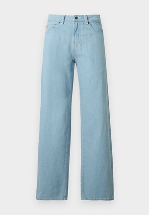 Light blue wide-leg denim jeans with front button, zipper closure, and five-pocket design on a white background.